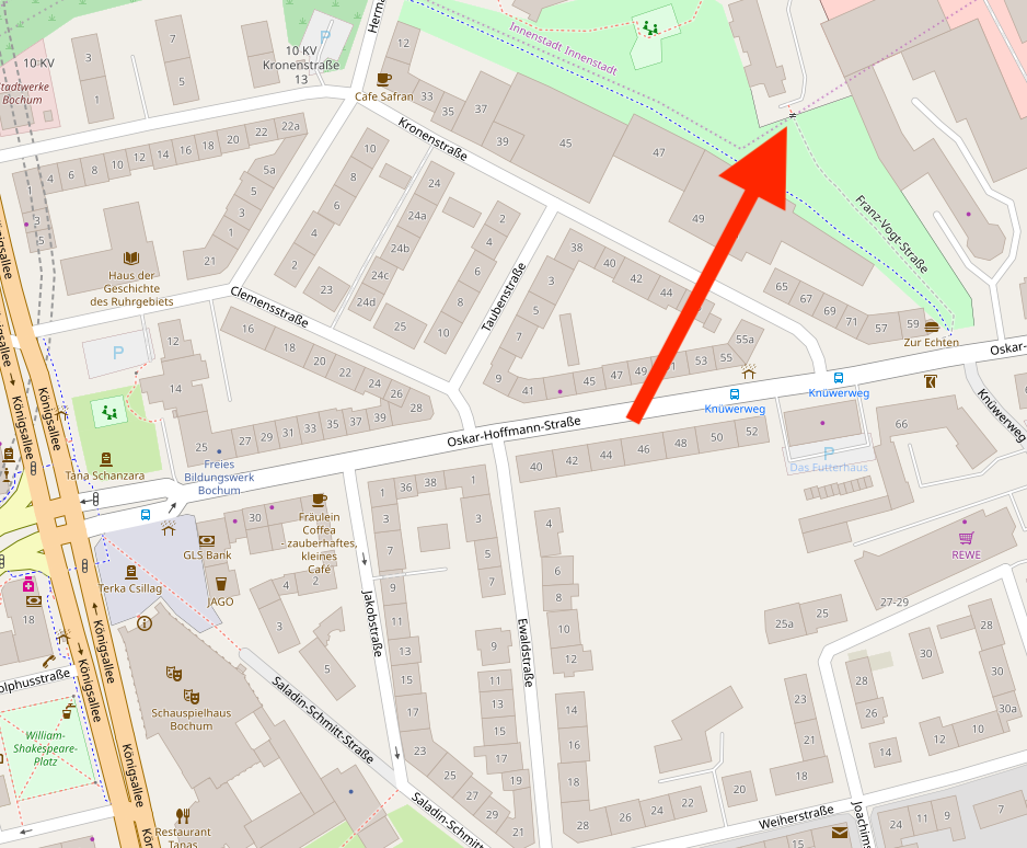 Karte mit markiertem "Franz-Vogt-Törchen" zwischen der Oskar-Hoffmann-Straße (im Ehrenfeld) und der Franz-Vogt-Straße. Die Karte stammt von OpenStreetMap und unterliegt der Open Data Commons Open Database Lizenz (ODbL).