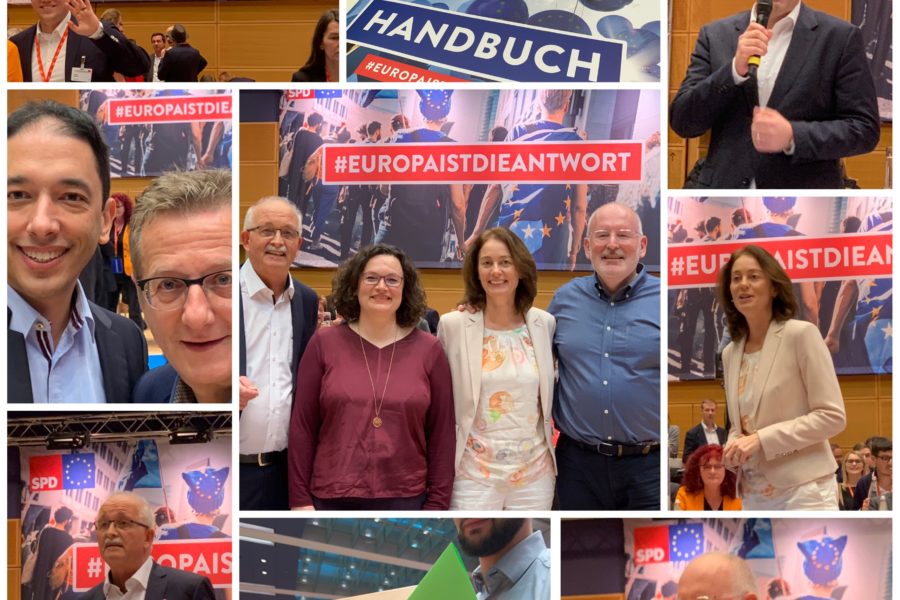 Collage zur Europadelegiertenkonferenz (09.12.2018) in Berlin u.a. mit dem Europaabgeordneten Tiemo Wölken (aus Niedersachsen), dem SPD-Generalsekretär Lars Klingbeil, dem Bochumer SPD-Kandidaten zur Europawahl Oliver Basu Mallick, dem deutschen Spitzenkandidaten Udo Bullmann, der SPD-Vorsitzenden Andrea Nahles, der deutschen Spitzenkandidatin Katarina Barley und dem europäischen Spitzenkandidaten Frans Timmermans.#EuropaIstDieAntwort