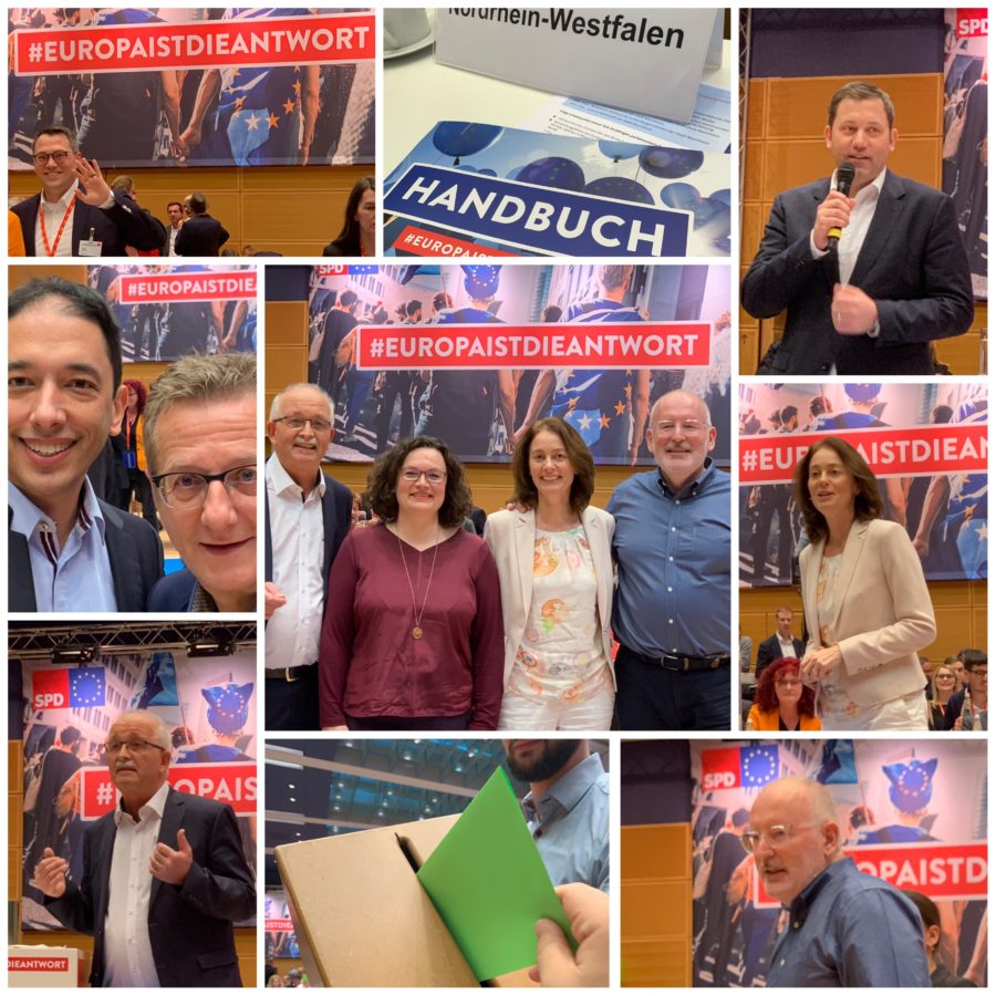 Collage zur Europadelegiertenkonferenz (09.12.2018) in Berlin u.a. mit dem Europaabgeordneten Tiemo Wölken (aus Niedersachsen), dem SPD-Generalsekretär Lars Klingbeil, dem Bochumer SPD-Kandidaten zur Europawahl Oliver Basu Mallick, dem deutschen Spitzenkandidaten Udo Bullmann, der SPD-Vorsitzenden Andrea Nahles, der deutschen Spitzenkandidatin Katarina Barley und dem europäischen Spitzenkandidaten Frans Timmermans.#EuropaIstDieAntwort