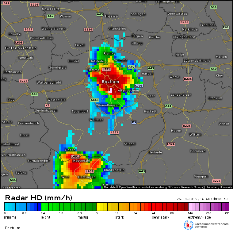 Radar HD-Bild von kachelmannwetter.com: Bochum-Ehrenfeld am 26.08.2019