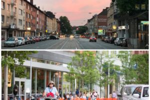 Bild der Hattinger Straße im Bochumer Ehrenfeld // und eines geschützten Fahrradwegs (protected bike lane)