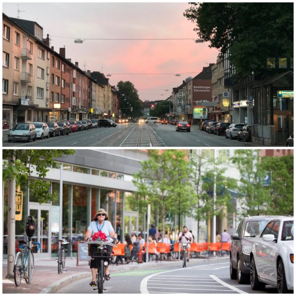 Bild der Hattinger Straße im Bochumer Ehrenfeld // und eines geschützten Fahrradwegs (protected bike lane)