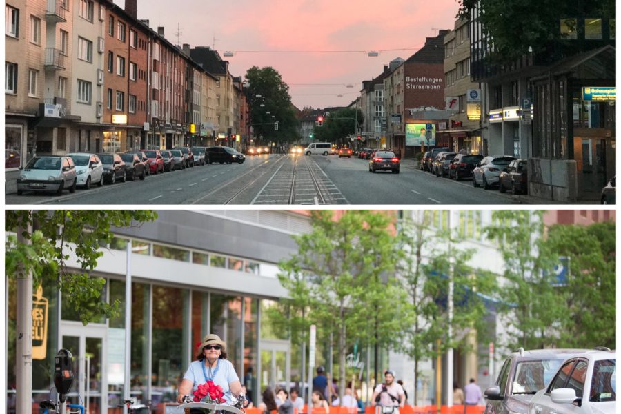 Bild der Hattinger Straße im Bochumer Ehrenfeld // und eines geschützten Fahrradwegs (protected bike lane)