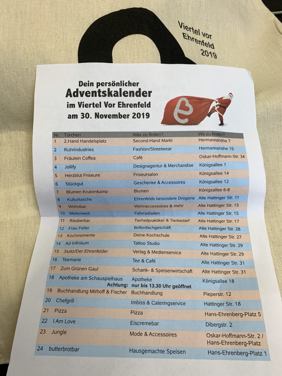 Viertel vor Ehrenfeld (Adventskalender 2019): Liste der teilnehmenden Geschäfte