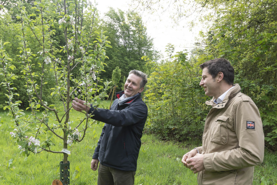 Baummanager Marcus Kamplade und Oberbürgermeister Thomas Eiskirch schauen sich am 30.04.2020 Obstbäume an der Feldmark in Bochum an. +++ Foto: Lutz Leitmann/Stadt Bochum