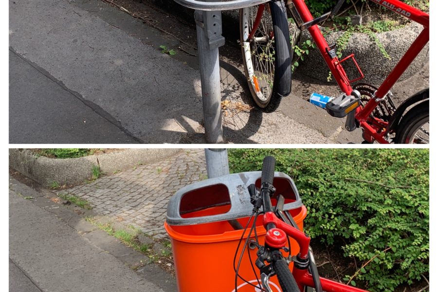 Mülleimer an der Ehrenfeldstraße: vorher (fehlt) und nachher (wieder da!) - #MängelmelderSafariBO