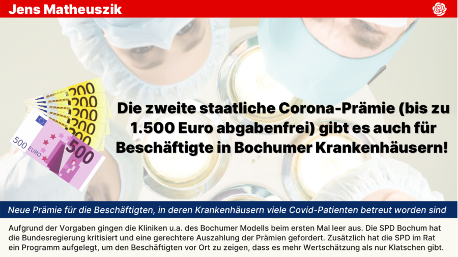 Die zweite staatliche Corona-Prämie (bis zu 1.500 Euro abgabenfrei) gibt es auch für Beschäftigte in Bochumer Krankenhäusern!