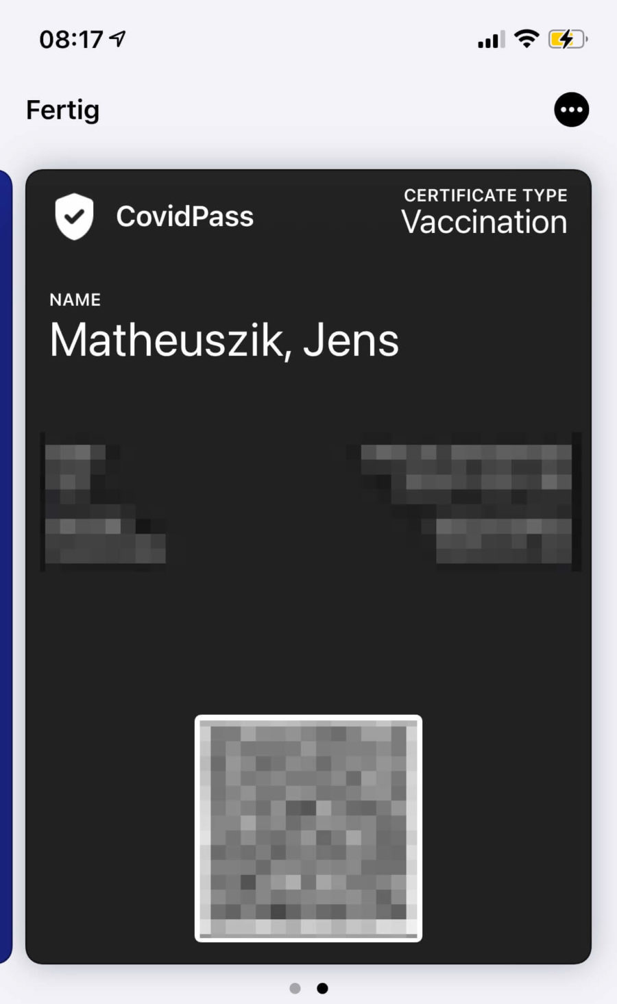 CovidPass Impfnachweis in der Apple Wallet (Impfung 1 von 2)