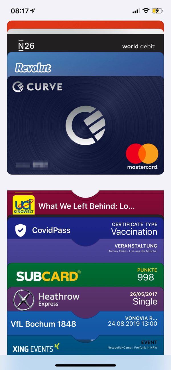 Apple Wallet mit diversen Karten/Nachweisen - u.a. den digitalen Impfzertifikaten