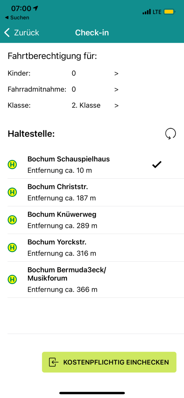 nextTicket: Auswahl der Haltestelle beim Check-in (App Bild 2)