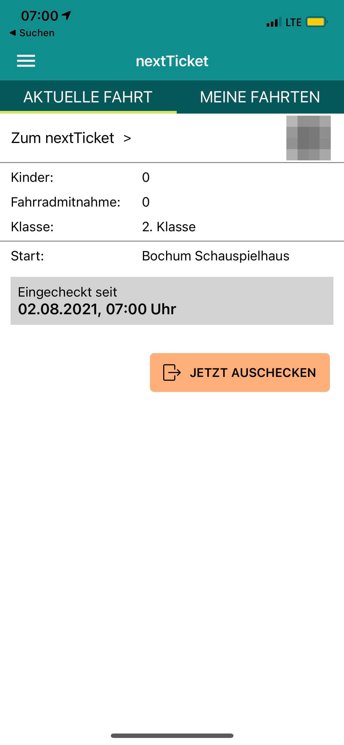 nextTicket: aktuelle Fahrt (App Bild 3)