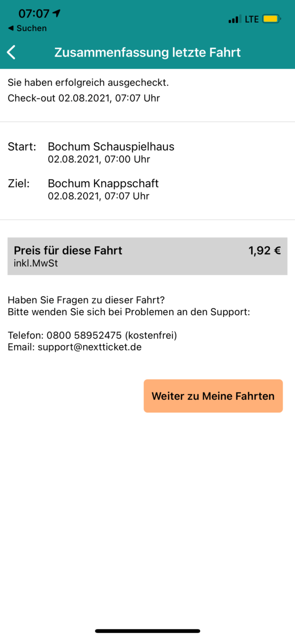 nextTicket: Zusammenfassung der Fahrt nach dem Check-out (App Bild 6)