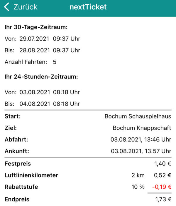 nextTicket: Kosten der letzten Fahrt - unter Berücksichtigung der 10 %-Rabattstufe (App Bild 7)