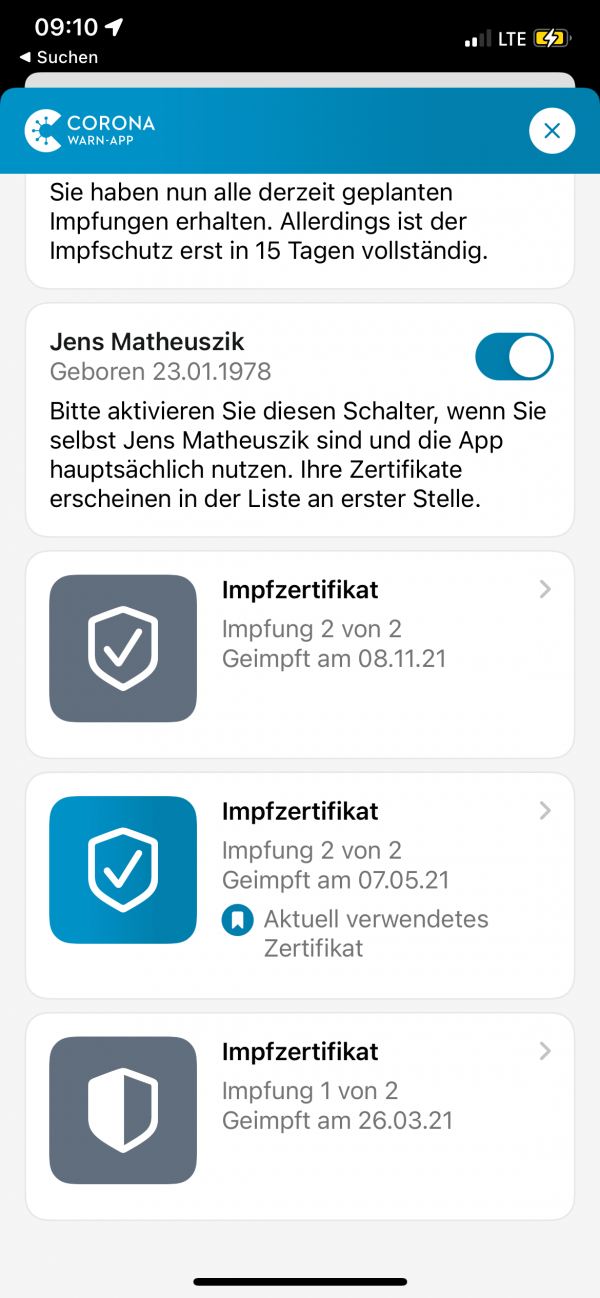 Corona-Warn-App: Booster-Impfung (fälschlicherweise als 2. Impfung gespeichert)