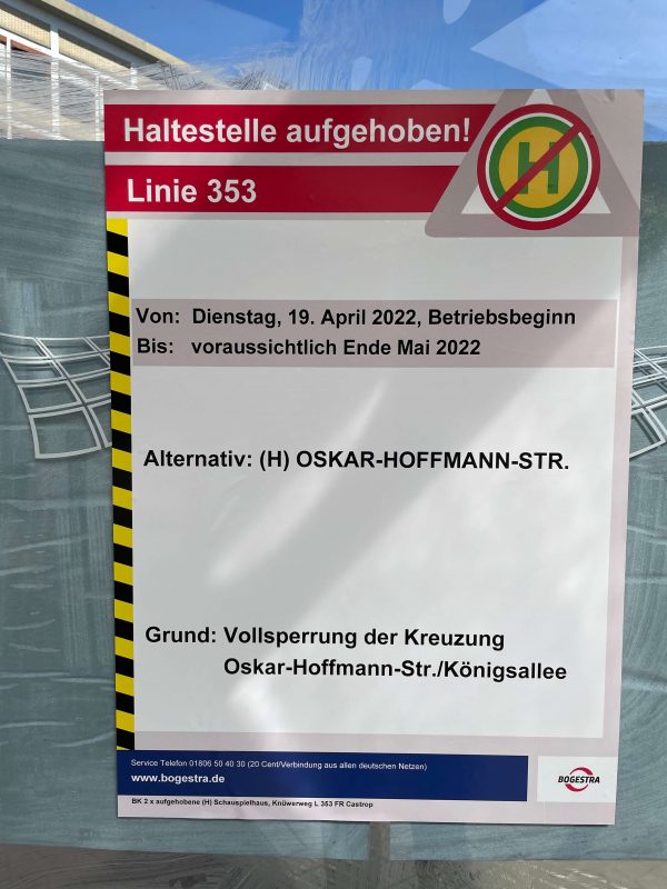Baumaßnahme Schauspielhauskreuzung: hier aufgehobene Haltestelle der Linie 353 am Schauspielhaus