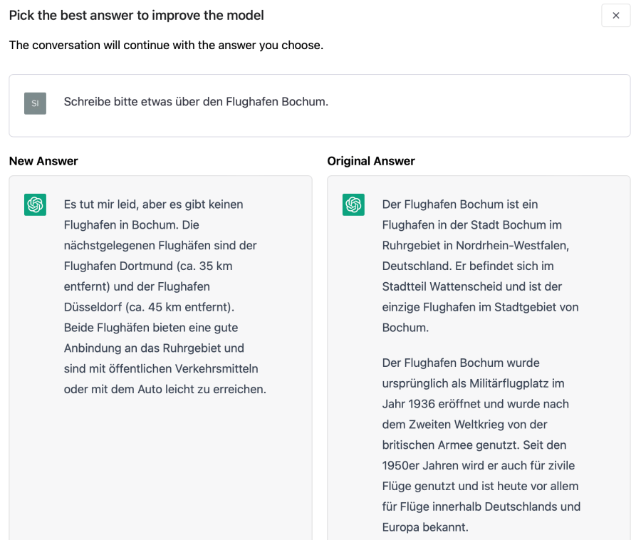 ChatGPT: Bewertung der Antwort zur Frage nach dem Flughafen Bochum