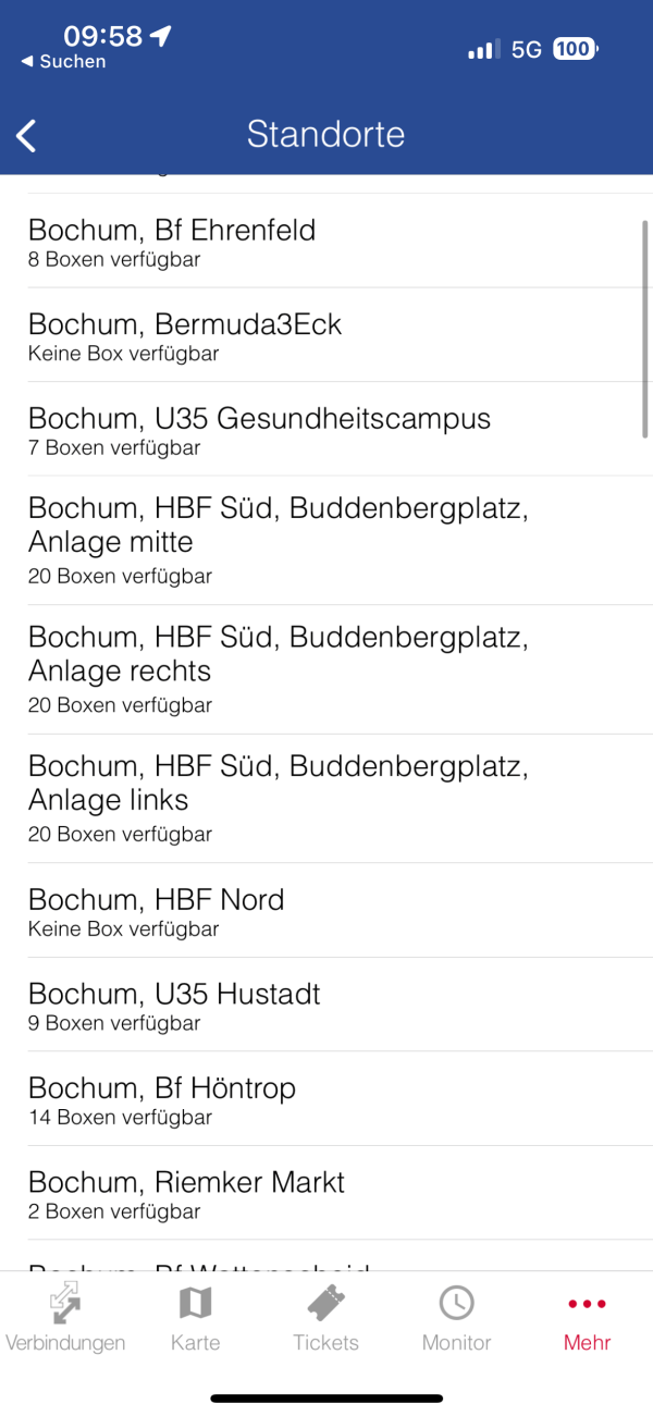 DeinRadschloss: Übersicht mit einzelnen Standorten in Bochum (in der Mutti-App der Bogestra)